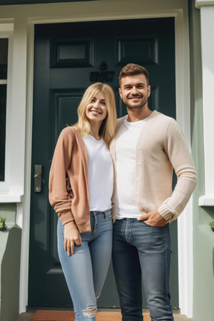 shot of a young couple standing outside the house they just boughtの素材