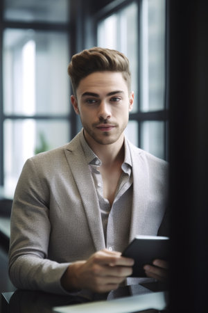 portrait of a young man using a digital tablet in the officeの素材