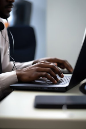 closeup shot of an unrecognisable man using a laptop and headset in his officeの素材