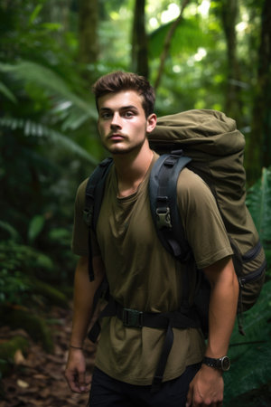 handsome young man walking through a jungle with a backpackの素材