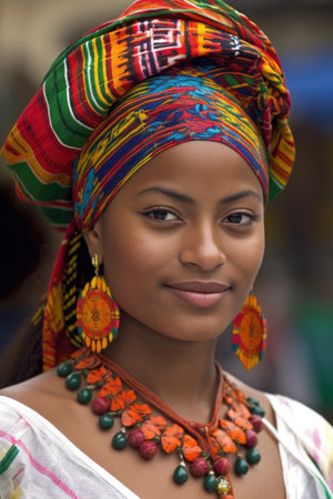 one young ethnic woman wearing a vibrant colored headdressの素材