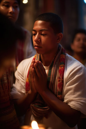 a young man leading a prayer ceremonyの素材
