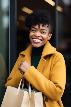 a young ethnic woman holding a shopping bag and smilingの素材