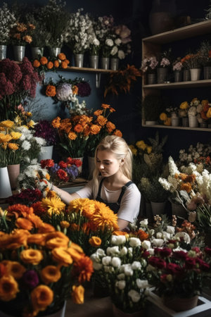 shot of a young female florist working at her deskの素材