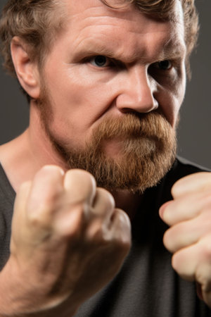 closeup image of a man focused on his bci and then making a fistの素材