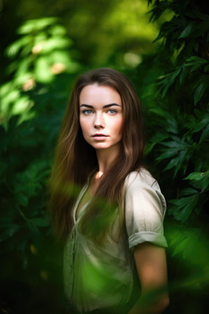 portrait of pretty young woman standing in a lush green garden with copyspaceの素材