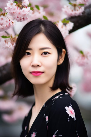 portrait of a lovely asian woman standing against a pink cherry blossom treeの素材