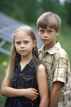 portrait of a young girl and boy standing in front of solar panelsの素材