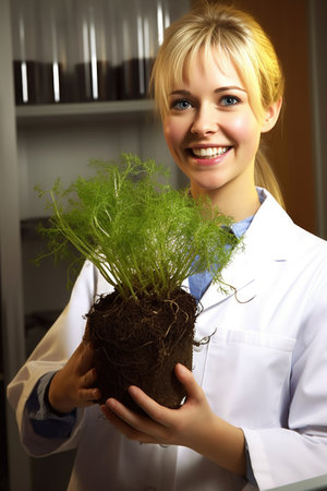 an attractive young female scientist smiling as she shows her class a plant growing in soilの素材