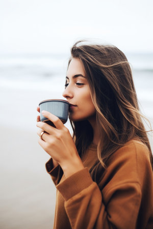cropped shot of a young woman drinking coffee on the beachの素材