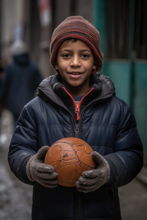 a young boy holding a football while outside in the streetの素材