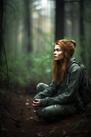 shot of a young woman sitting alone in the wildernessの素材