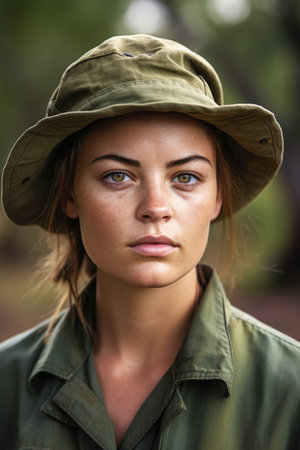 portrait of a young female ranger standing outsideの素材