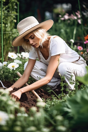 shot of a young woman working in her gardenの素材