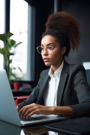 shot of a young businesswoman working on her laptop in an officeの素材