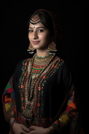 shot of a beautiful young lady in ethnic dress against a black backgroundの素材
