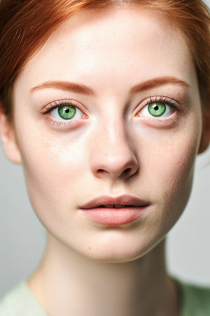 cropped shot of a young woman with green eyes isolated on whiteの素材