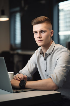 shot of a young man using a laptop in an officeの素材