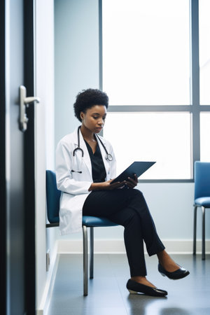 shot of a young female doctor using a digital tablet in the waiting room at workの素材