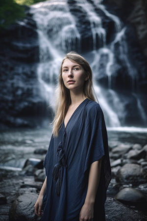 portrait of a young woman standing beside waterfallsの素材