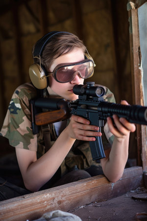 a young rebel shooting a gun while wearing gogglesの素材