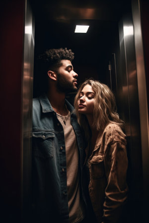 shot of a young couple in an elevatorの素材