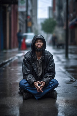 shot of a young homeless man sitting in the rain on an empty streetの素材