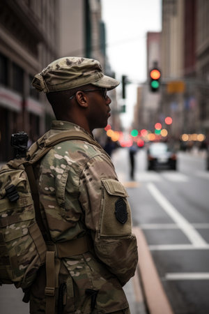 shot of a soldier surveying the city streetsの素材