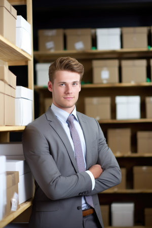 portrait of a young businessman holding a stack of boxes while standing in his shopの素材