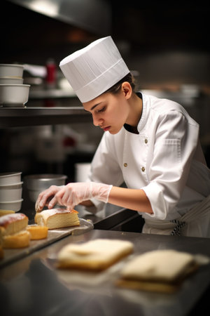 shot of a young chef wearing a hairnet and making sandwichesの素材