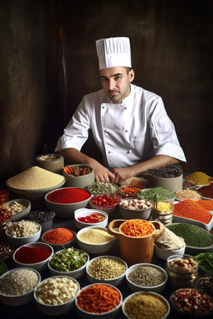 shot of a male chef surrounded by ingredientsの素材