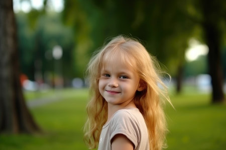 nature, portrait and a little girl in park for growth and happiness with smile, carefree and freedomの素材