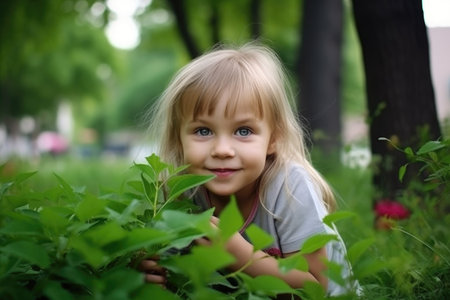 nature, portrait and a little girl in park for growth and happiness with smile, carefree and freedomの素材