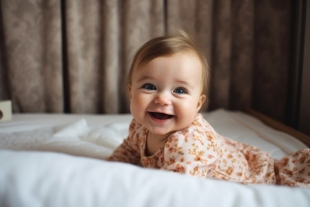 cute little baby girl lying on her bed and smiling, talking or laughing