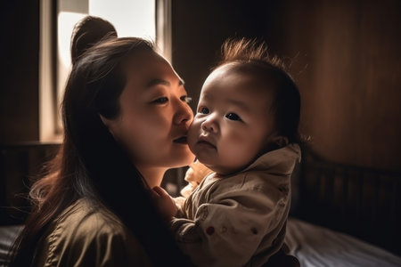 love, happiness and portrait of mother with baby for bonding and care in a homeの素材