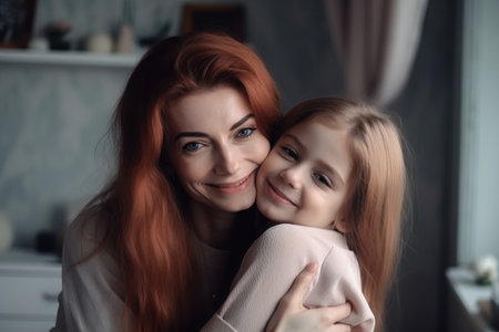 mother, girl and portrait with hug, smile and love in a home setting from fatherの素材