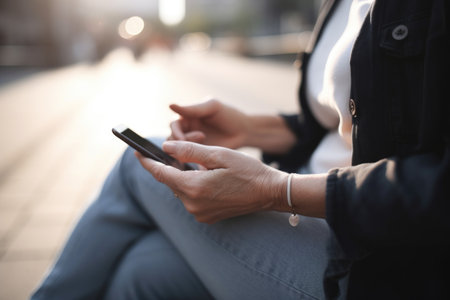 shot of an unrecognizable woman using a smartphone while sitting outdoorsの素材