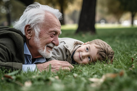 shot of a grandfather bonding with his grandson while they lay on the grassの素材