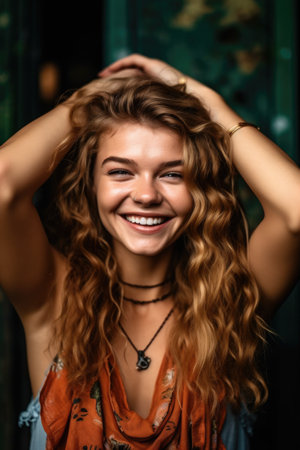 a gorgeous young woman holding her arms behind her head and smilingの素材