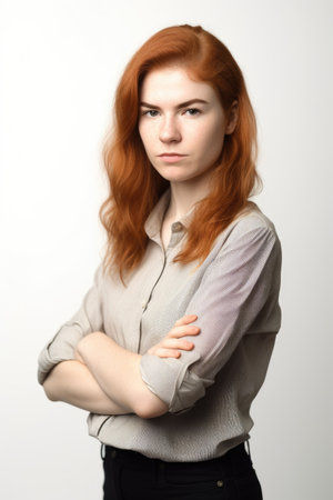 studio shot of a confident young woman standing with her arms folded against a white backgroundの素材