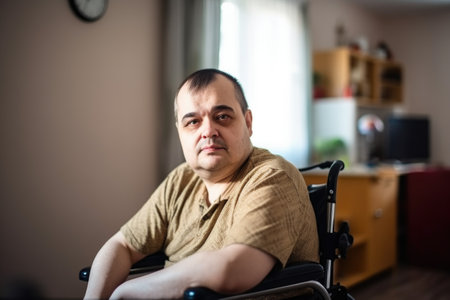 portrait of a disabled man sitting on his wheelchair at homeの素材