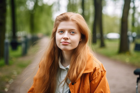 portrait of a young woman with a disability standing outsideの素材