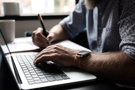 closeup shot of an unidentifiable man using a laptop and writing notes at homeの素材