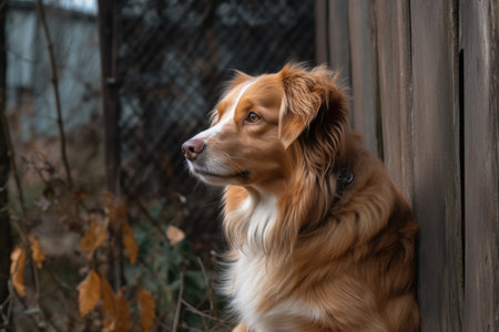 a cute dog sitting against a wooden fenceの素材