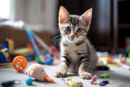 shot of a cute kitten sitting on the floor with his toysの素材