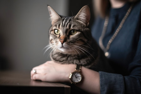 shot of a cute tabby cat sitting on its ownerの素材
