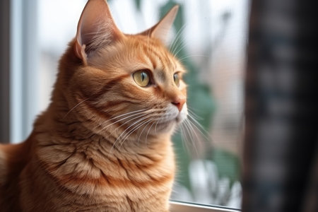 portrait of a cute tabby cat sitting in front of a windowの素材