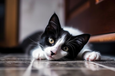 shot of a cute black and white kitten lying on the floorの素材