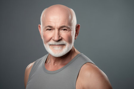 man, senior and portrait for wellness, fitness and health on grey studio backgroundの素材