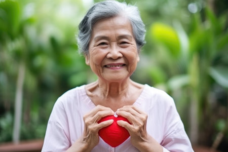 senior woman, portrait smile and hand on heart with love for happiness, care and bonding in retirementの素材